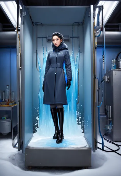 a liquid in a laboratory container, it remains liquid at sub-zero temperatures, she stands on a pedestal in a laboratory, sas lo...