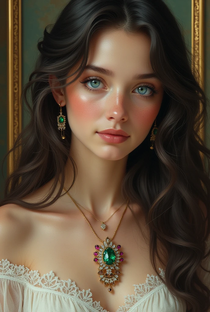 Beautiful Portrait of a Girl with Lush Hair and Blue Eyes, Pendant on the Neck Very clearly visible All Sparkles Emeralds, Rubies, diamonds, in a Golden Frame Crystal Color Everything is Clearly Visible Realistically, Highest Quality Perfect and Complex Design Detailed,