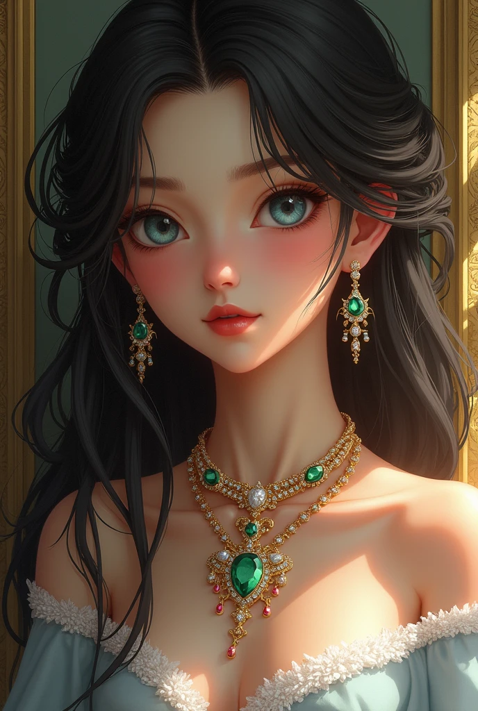 Beautiful Portrait of a Girl with Lush Hair and Blue Eyes, Pendant on the Neck Very clearly visible All Sparkles Emeralds, Rubies, diamonds, in a Golden Frame Crystal Color Everything is Clearly Visible Realistically, Highest Quality Perfect and Complex Design Detailed,