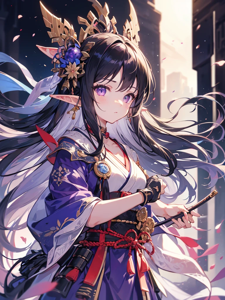 masterpiece, best quality, 1girl, ultra detailed, ultra highres, well-definded facial features, anatomically correct, cute girl, long pointy ears, elf, nice face,black hair, purple eyes, samurai, classicism