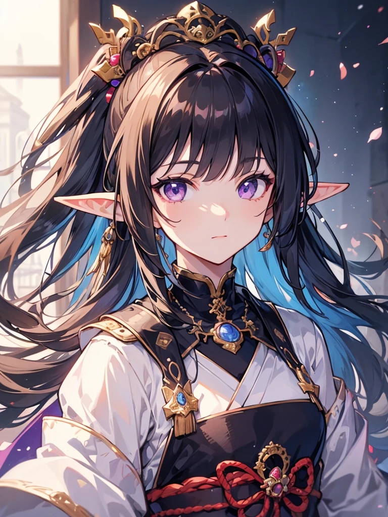 masterpiece, best quality, 1girl, ultra detailed, ultra highres, well-definded facial features, anatomically correct, cute girl, long pointy ears, elf, nice face,black hair, purple eyes, samurai, classicism