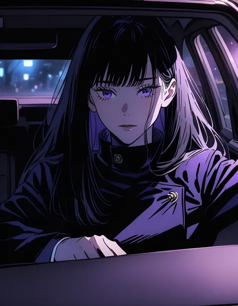 a woman (female) with long black hair with bangs (long hair), purple eyes (purple), beautiful, cute, jujutsu kaisen uniform, art...