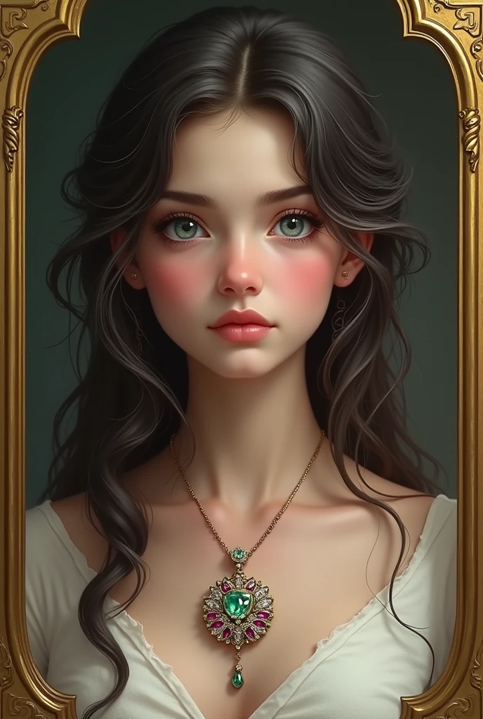 Beautiful Portrait of a Girl with Lush Hair and Blue Eyes, Pendant on the Neck Very clearly visible All Sparkles Emeralds, Rubies, diamonds, in a Golden Frame Crystal Color Everything is Clearly Visible Realistically, Highest Quality Perfect and Complex Design Detailed,