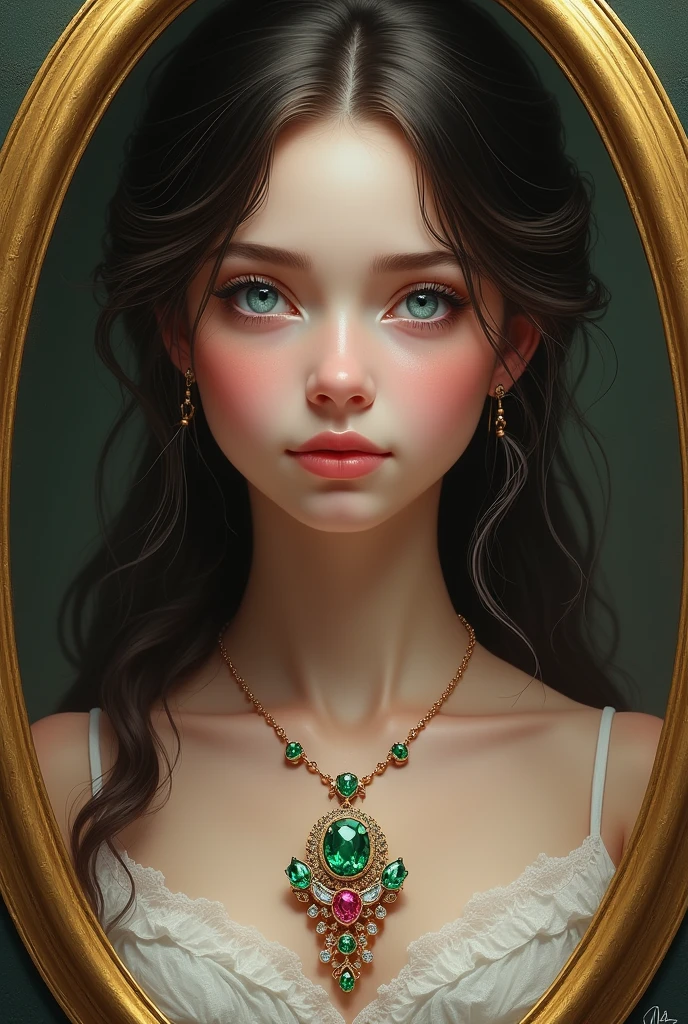 Beautiful Portrait of a Girl with Lush Hair and Blue Eyes, Pendant on the Neck Very clearly visible All Sparkles Emeralds, Rubies, diamonds, in a Golden Frame Crystal Color Everything is Clearly Visible Realistically, Highest Quality Perfect and Complex Design Detailed,