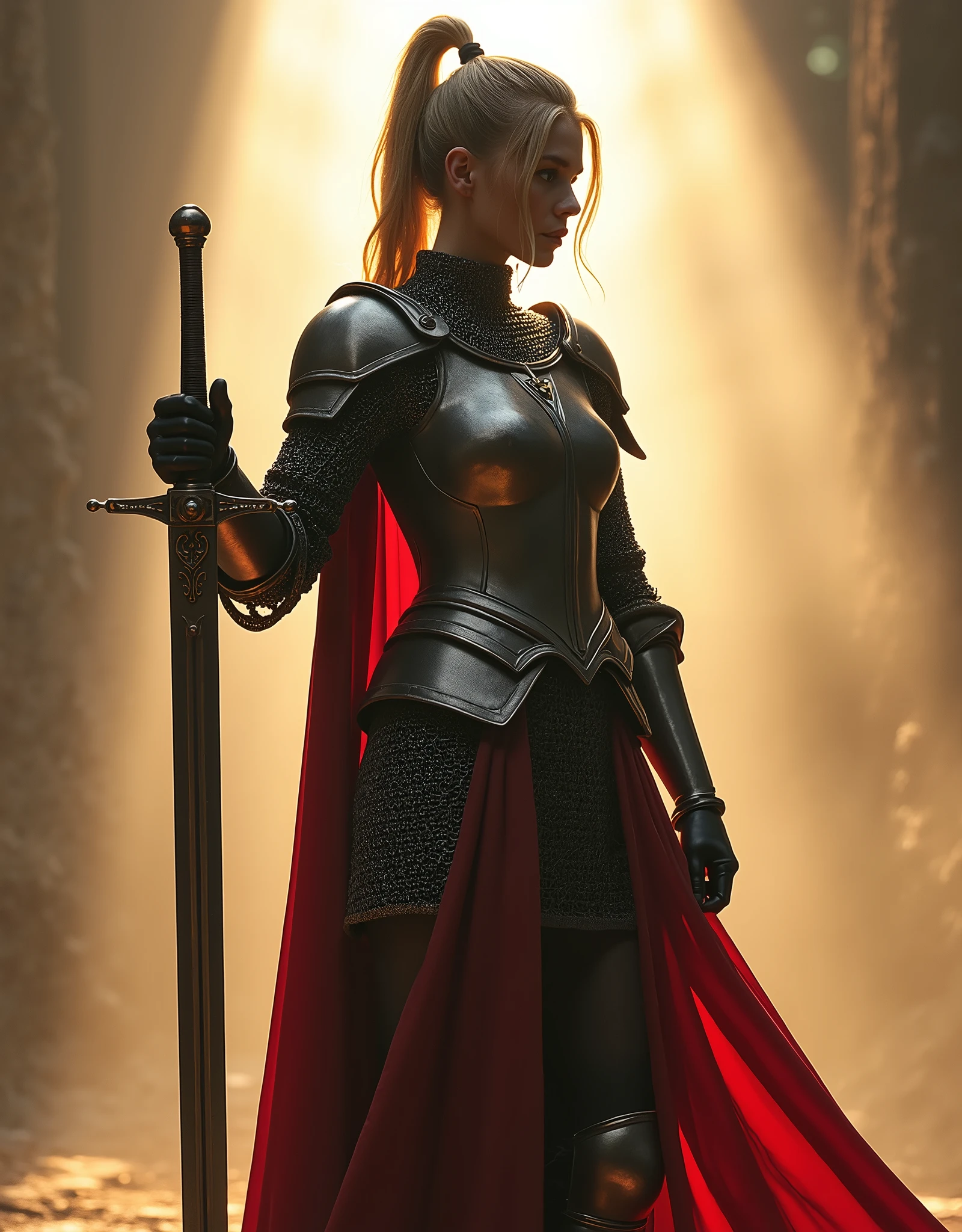 a female knight wearing chainmail holding sword, holy light