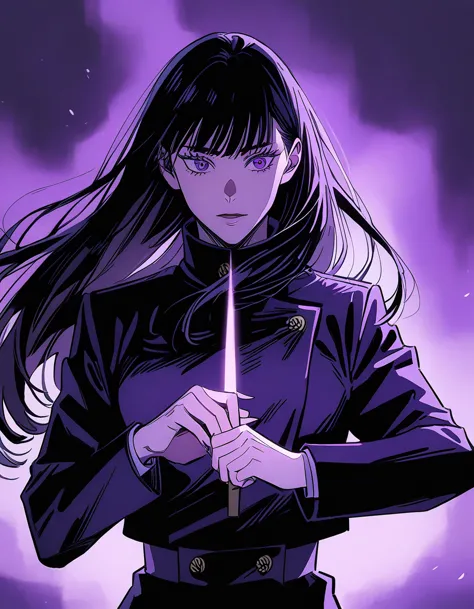 a woman (female) with long black hair with bangs (long hair), purple eyes (purple), beautiful, cute, jujutsu kaisen uniform, lig...