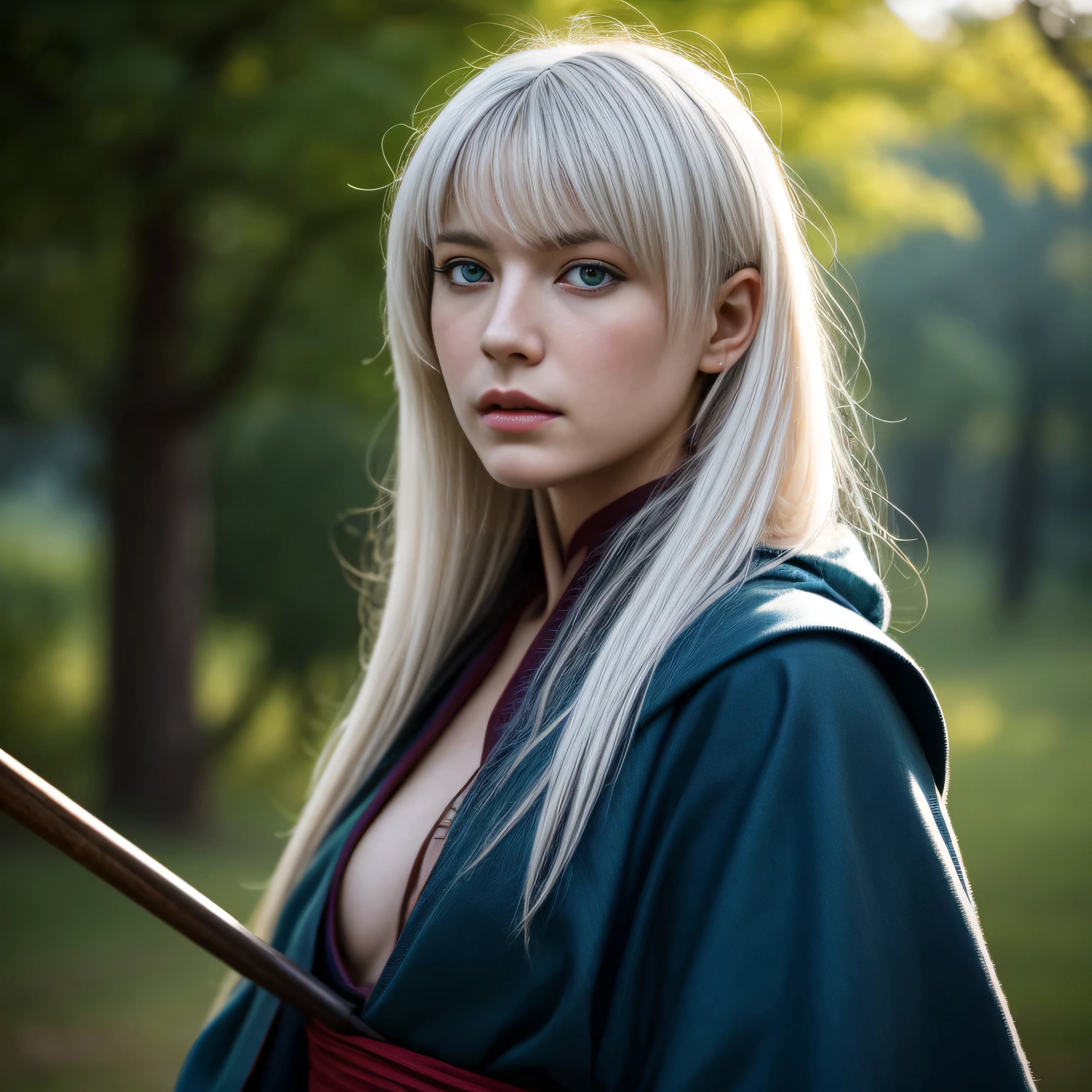 photorealistic, masterpiece, photorealistic, high resolution, soft light, hips up, blue eyes, white hair, long hair, Intricate details EABA, cloaks, short steel claws, Royal Shogun, Armor, warrior, flags in windy hill