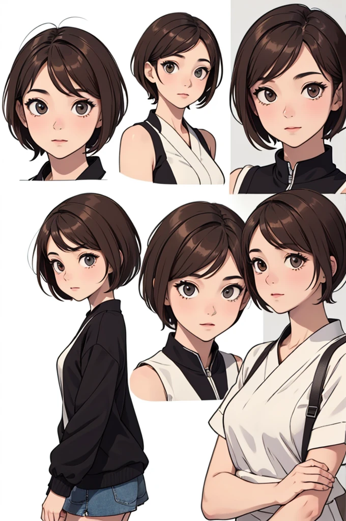 (((masterpiece, best quality, ultra highres, 1 girl, solo, white background))), super detailed skin and face and eyes and finger, beautiful japanese woman, flat breasts:1.5, skinny, light brown hair, very short pixie hair, pixie haircut, knee shot, no background, 2D anime, boyish, Various clothes, Various poses, Various facial expressions, draw the entire character within the frame, ensuring that the head, arms and legs are not cut off, with the character positioned centrally, 