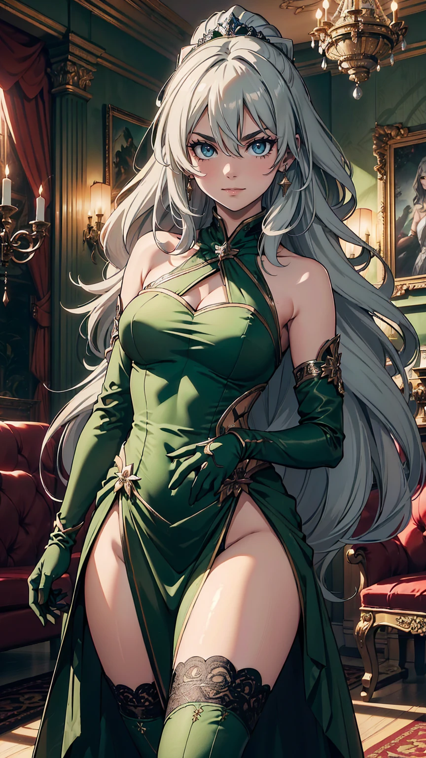 最high quality、Ultra High Definition, Ultra High Quality, Hyper Definition,  Extremely Detailed, Perfectly Detailed, Best image quality、masterpiece、woman((20-year-old、Small breast, super dynamic pose , Green solid eyes, Silver long Hair、Disheveled Hair、White Grey Hair、thin, Long Glove、Green Ball Dress,  She is smirking like a villain、 , Dressed in  Ball Dress)),high quality、Beautiful art、background((Inside the mansion))、Written boundary depth、 dynamic pose, movie、Visual Arts、8K,Genuine、