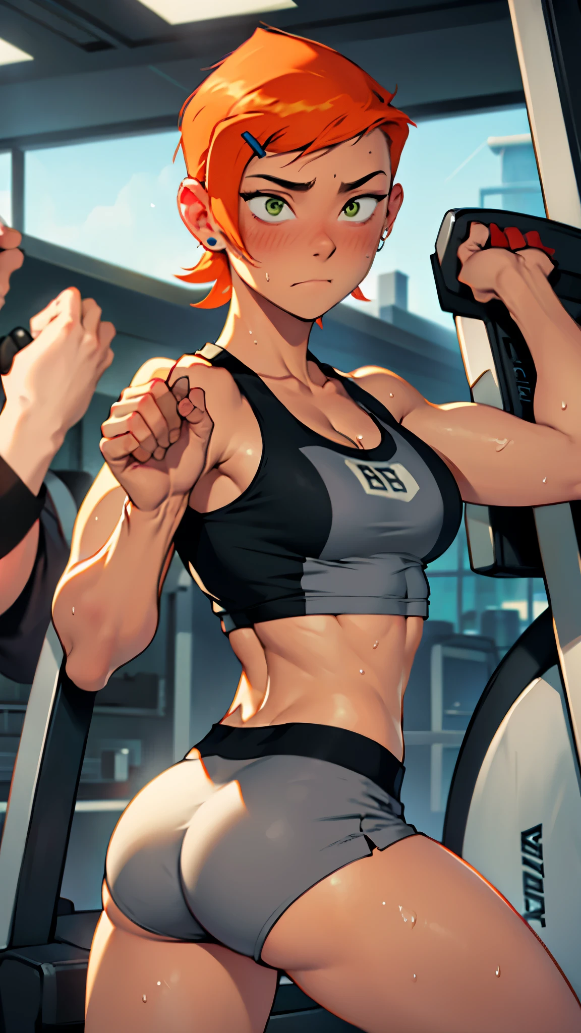 Gwen tennyson, at gym, sweaty, working out, large butt, cleavage, grey workout clothes, sports bra, sports shorts, blush, thicc