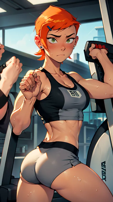 gwen tennyson, at gym, sweaty, working out, large butt, cleavage, grey workout clothes, sports bra, sports shorts, blush, thicc