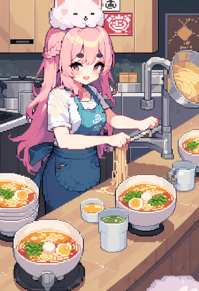 (((Highest quality, 8k, masterpiece: 1.3)), Beautiful pixel art, \One Woman, Pink Hair, Long Hair, Cotton candy hair, Fluffy hair, Thick eyebrows, White T-shirt, Blue jeans, apron, Pink bandana on head, Ramen shop Ramen shop, Ramen shop kitchen, Holding a drainer in both hands, It contains noodles, Draining the water from the ramen, I'm excited