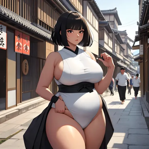 (masterpiece), (detailed), (high res), (best quality), slim sumo girl, black square haircut and long haircut, black eyes, white ...