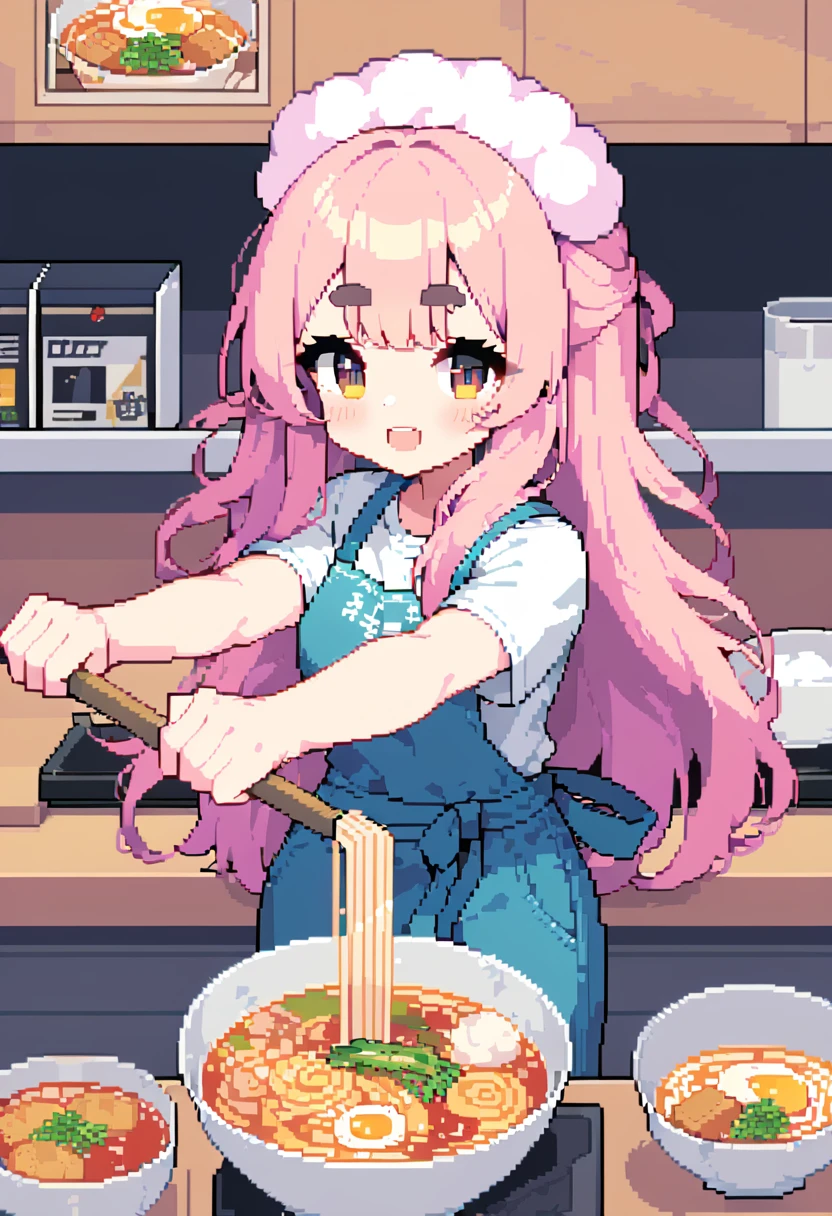 (((Highest quality, 8k, masterpiece: 1.3)), Beautiful pixel art, \One Woman, Pink Hair, Long Hair, Cotton candy hair, Fluffy hair, Thick eyebrows, White T-shirt, Blue jeans, apron, Pink bandana on head, Ramen shop Ramen shop, Ramen shop kitchen, Holding a drainer in both hands, Draining the water from the ramen, I'm excited