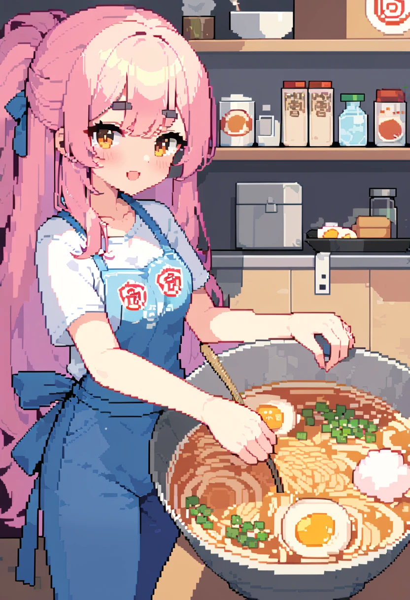 (((Highest quality, 8k, masterpiece: 1.3)), Beautiful pixel art, \One Woman, Pink Hair, Long Hair, Cotton candy hair, Fluffy hair, Thick eyebrows, White T-shirt, Blue jeans, apron, Pink bandana on head, Ramen shop Ramen shop, Ramen shop kitchen, Holding a drainer in both hands, Draining the water from the ramen, I'm excited