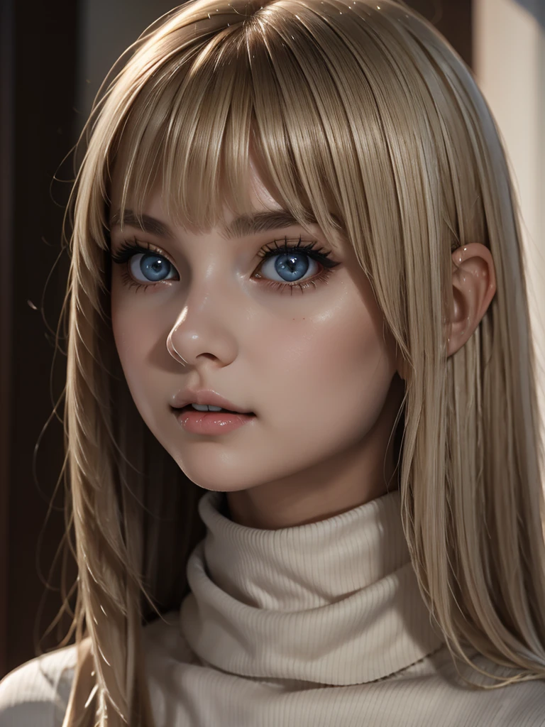 (best quality), 1girl, female, porcelain skin, blonde hair, straight hair, bangs, medium hair, swoopy tips, brown eyes, perfect eyes, black turtleneck, skinny body, petite, small bust, shy, masterpiece, anatomically correct, highres
