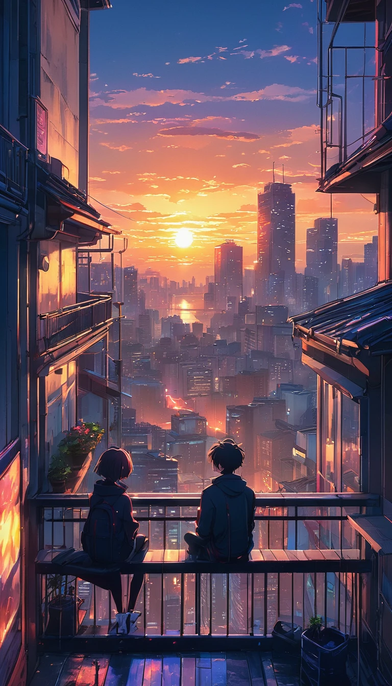 anime couple sitting on a balcony watching the sunset, watching the sun set. anime, lofi artstyle, anime background art, anime style cityscape, beautiful anime scene, lofi art, in style of makoto shinkai, 4 k manga wallpaper, makoto shinkai cyril rolando, hd anime cityscape, ilya kuvshinov landscape, 4k anime wallpaper