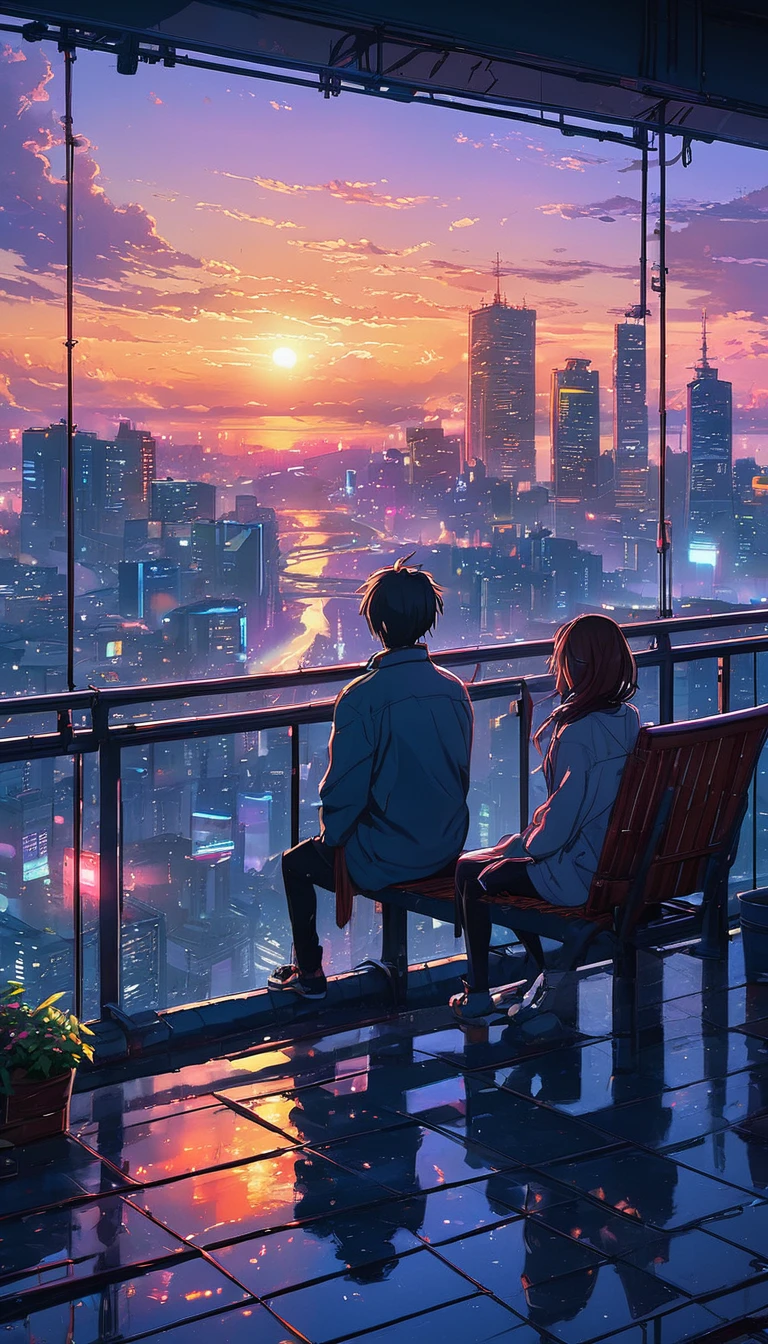 anime couple sitting on a balcony watching the sunset, watching the sun set. anime, lofi artstyle, anime background art, anime style cityscape, beautiful anime scene, lofi art, in style of makoto shinkai, 4 k manga wallpaper, makoto shinkai cyril rolando, hd anime cityscape, ilya kuvshinov landscape, 4k anime wallpaper