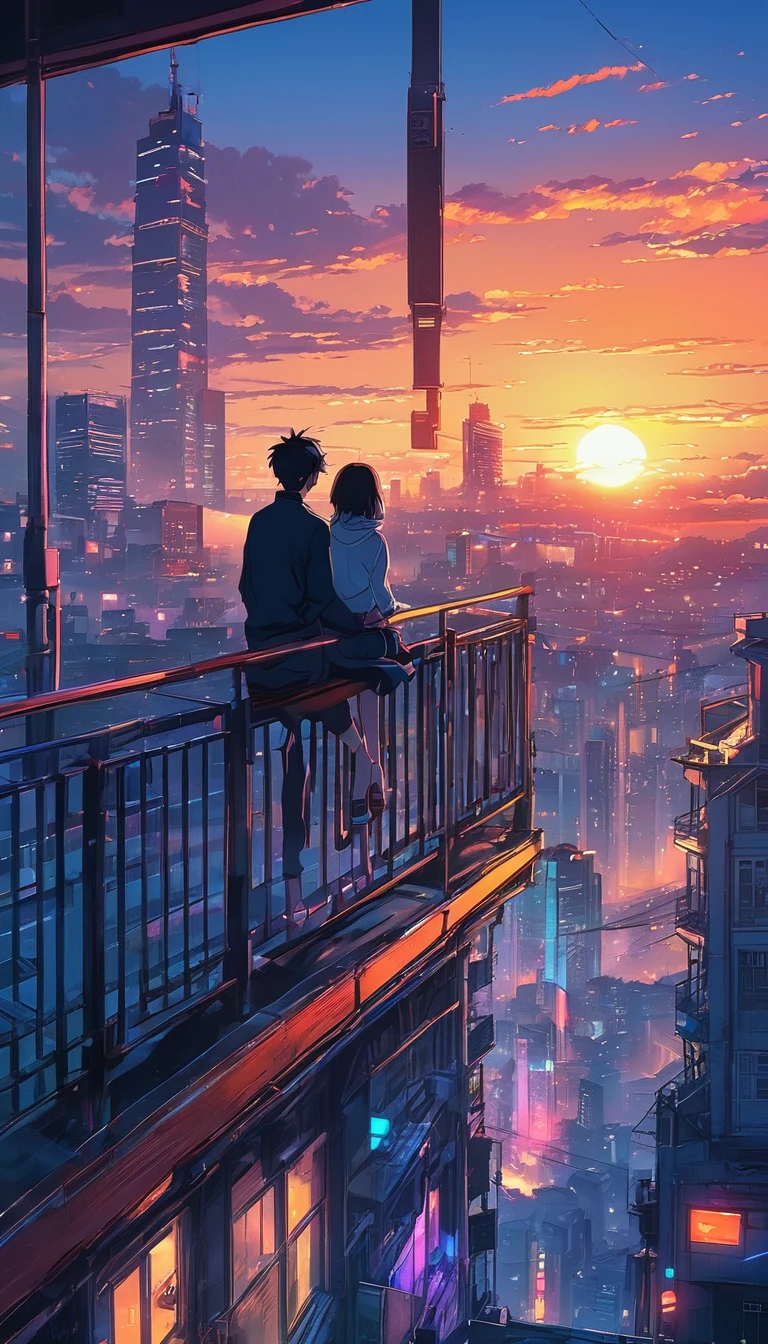 anime couple sitting on a balcony watching the sunset, watching the sun set. anime, lofi artstyle, anime background art, anime style cityscape, beautiful anime scene, lofi art, in style of makoto shinkai, 4 k manga wallpaper, makoto shinkai cyril rolando, hd anime cityscape, ilya kuvshinov landscape, 4k anime wallpaper