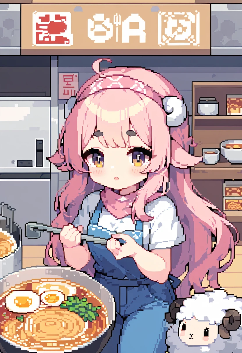 (((Highest quality, 8k, masterpiece: 1.3)), Beautiful pixel art, \One Woman, Pink Hair, Long Hair, Fluffy, fluffy hair, Thick eyebrows, White T-shirt, Blue jeans, apron, Pink bandana on head, Ramen shop Ramen shop, Ramen shop kitchen, Holding a drainer in both hands, Draining the water from the ramen, 1 mini sheep