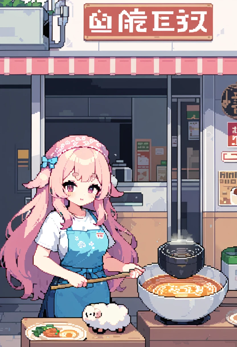 (((Highest quality, 8k, masterpiece: 1.3)), Beautiful pixel art, \One Woman, Pink Hair, Long Hair, Fluffy, fluffy hair, Thick eyebrows, White T-shirt, Blue jeans, apron, Pink bandana on head, Ramen shop Ramen shop, Ramen shop kitchen, Holding a drainer in both hands, Draining the water from the ramen, 1 mini sheep