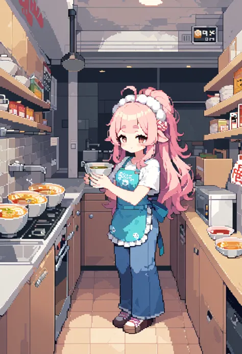 (((highest quality, 8k, masterpiece: 1.3)), beautiful pixel art, \one woman, pink hair, long hair, fluffy, fluffy hair, thick ey...