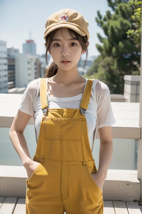 japanese cute girl wearing overalls over naked body, (((overalls over naked body))), wearing a red newsboy cap, a round yellow p...