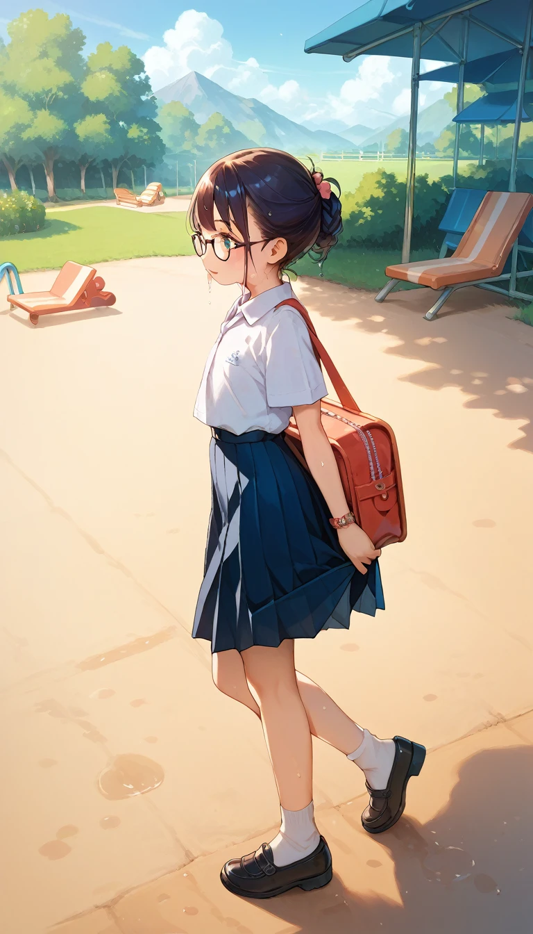 A child in a Thai school uniform poses, on the side of the road in a playground, wearing glasses, wearing a kindergarten school bag, playing on playground equipment, wet underwear, walking home with friends, Thai school skirt stretched to the top of the mountain