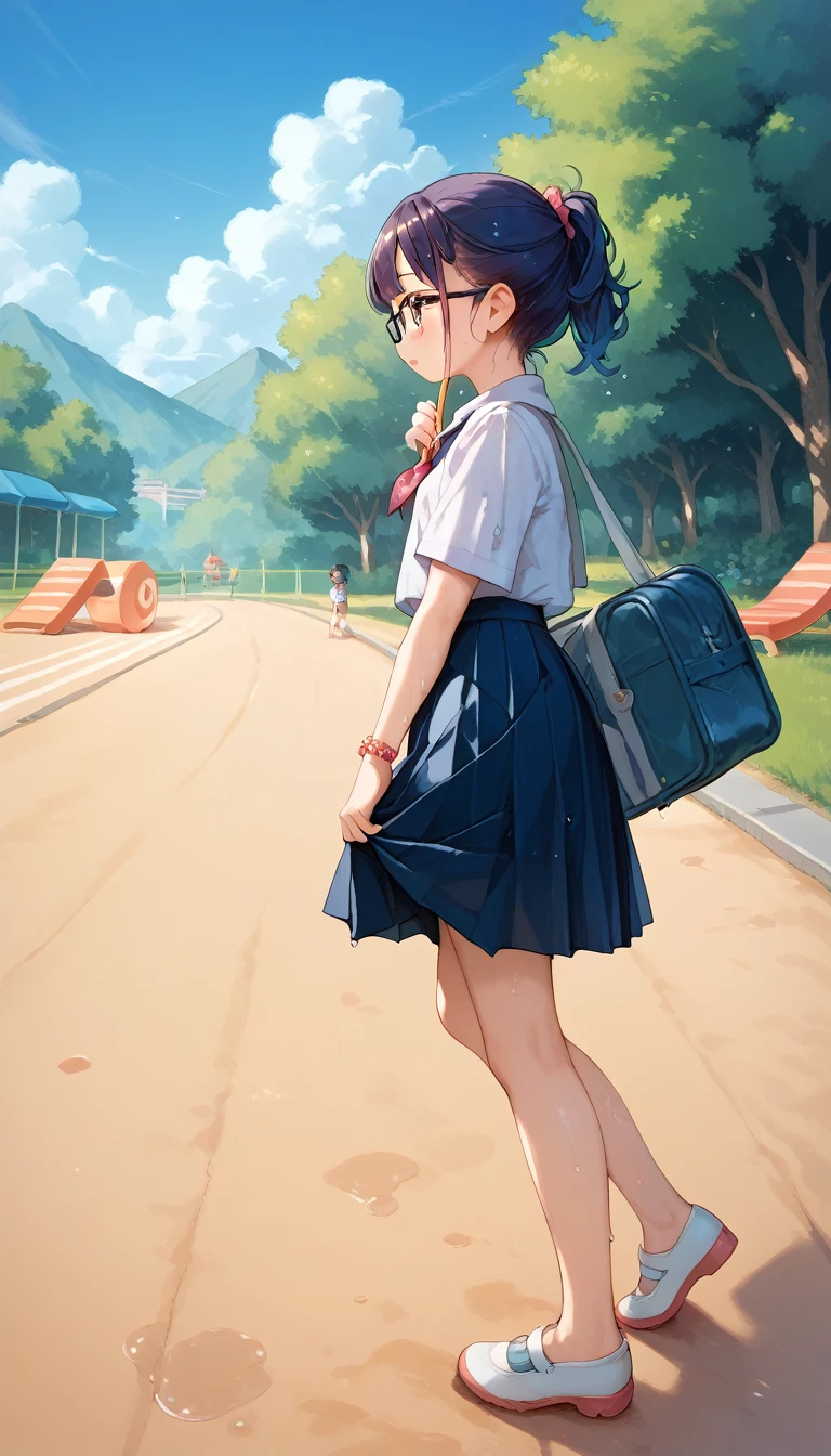 A child in a Thai school uniform poses, on the side of the road in a playground, wearing glasses, wearing a kindergarten school bag, playing on playground equipment, wet underwear, walking home with friends, Thai school skirt stretched to the top of the mountain