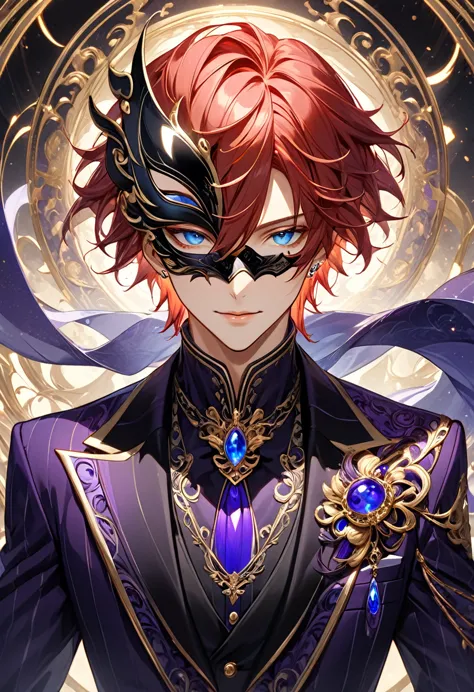 a meticulously crafted anime-style character portrait, capturing a young male with a slender build, dressed in an opulent and lu...