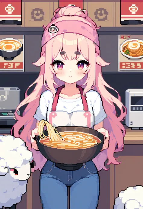 (((Highest quality, 8k, masterpiece: 1.3)), Beautiful pixel art, \One Woman, Pink Hair, Long Hair, Fluffy, fluffy hair, Thick eyebrows, White T-shirt, Blue jeans, apron, Pink bandana on head, Ramen shop, Ramen shopの厨房, Draining the noodles, 1 mini sheep