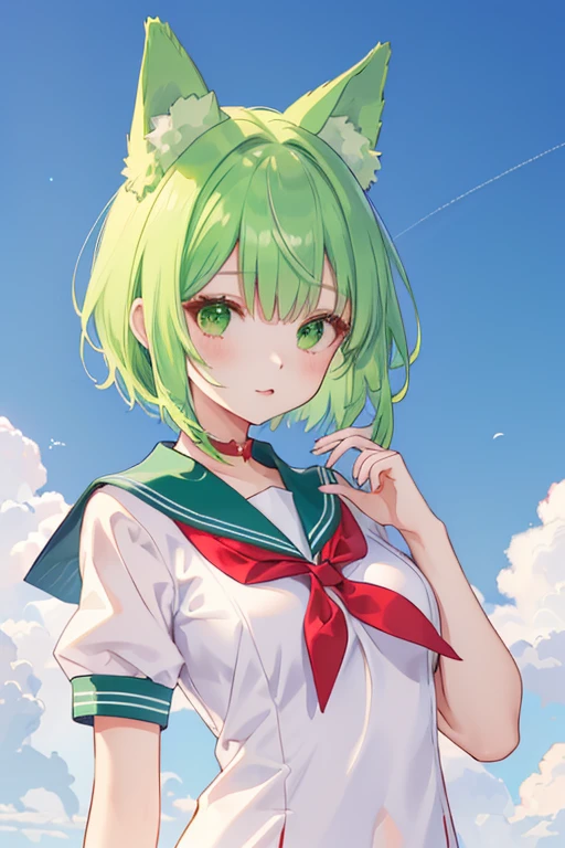 to Heart,multi,Sailor suit,Red collar,Half-taken clothes,Green Hair,Straight Hair,short hair,Small breasts,extra sleeves,Drooping eyes,Green Eyes,Robot ears,Both hands at the mouth