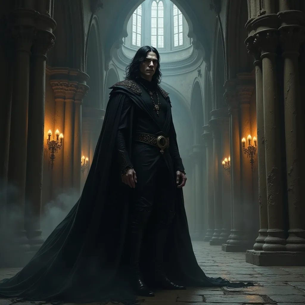 male vampire lord with dark hair, stands in the hall of a gloomy old castle, im Stil von Seb McKinnon