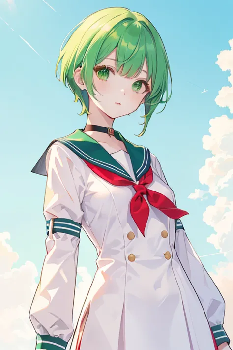 sailor suit,red collar,open-chested clothing,green hair,straight hair,short hair,small breasts,extra sleeves,drooping eyes,green...