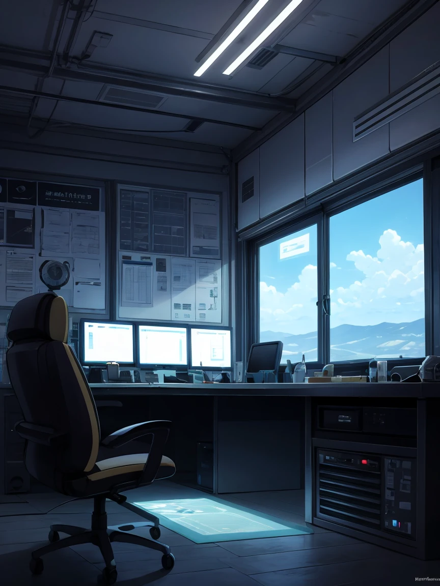 The steampunk look of the spaceship. From the window you can see the alien landscape, Work consoles with electronic devices and screens are lined throughout the space.,