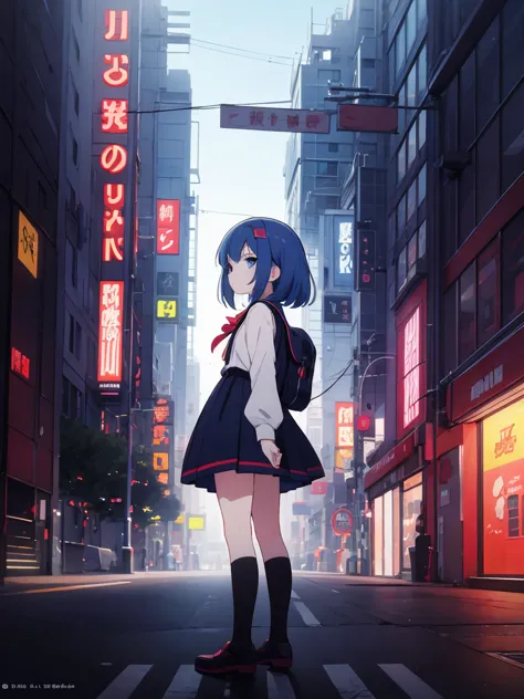 anime girl in a dress and headband standing in front of a building, digital cyberpunk anime art, digital cyberpunk - anime art, ...