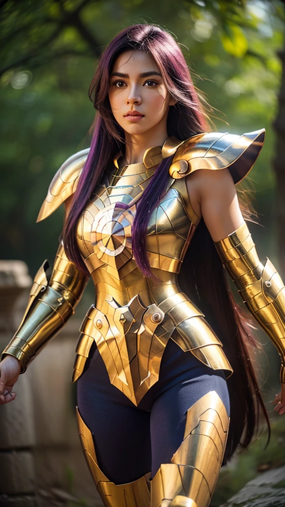 (((1woman)))  a hyper realistic ultra detailed photograph of a pretty photorealistic Camus at agreek ruins background, tattered Libra gold half shiny metal armor, long purple hair, purple eyes, dynamic pose, detailed symmetric beautiful hazel eyes, full body, detailed gorgeous face, 30-megapixel, 4k, Canon EOS 5D Mark IV DSLR, 85mm lens, sharp focus, intricately detailed, long exposure time, f/8, ISO 100, shutter speed 1/125, diffuse back lighting, award winning photograph, facing camera, looking into camera, monovisions, perfect contrast, High sharpness, facial symmetry, depth of field, ultra-detailed photography, raytraced, global illumination, TanvirTamim, smooth, ultra high definition, 8k, unreal engine 5, ultra sharp focus, award-winning photograph, trending on artstation, realistick 8k