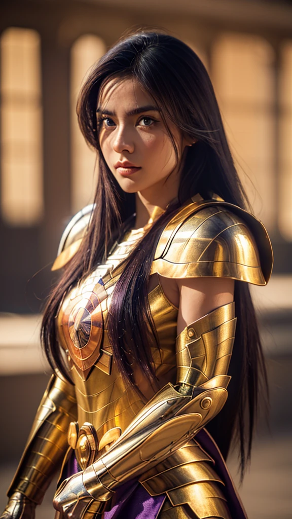 (((1woman)))  a hyper realistic ultra detailed photograph of a pretty photorealistic Camus at agreek ruins background, tattered Libra gold half shiny metal armor, long purple hair, purple eyes, dynamic pose, detailed symmetric beautiful hazel eyes, full body, detailed gorgeous face, 30-megapixel, 4k, Canon EOS 5D Mark IV DSLR, 85mm lens, sharp focus, intricately detailed, long exposure time, f/8, ISO 100, shutter speed 1/125, diffuse back lighting, award winning photograph, facing camera, looking into camera, monovisions, perfect contrast, High sharpness, facial symmetry, depth of field, ultra-detailed photography, raytraced, global illumination, TanvirTamim, smooth, ultra high definition, 8k, unreal engine 5, ultra sharp focus, award-winning photograph, trending on artstation, realistick 8k