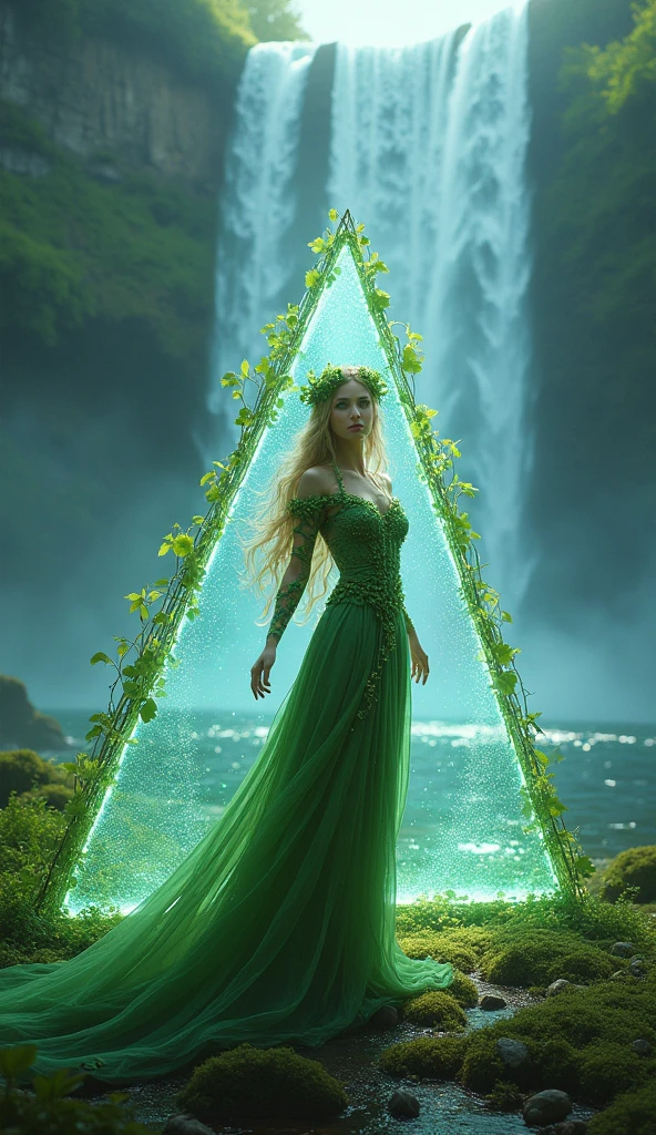 beautiful forest spirit fairy, wearing fresh green leaves and vines,  protected by iridescent transparent triangular barrier, background surrounded by huge blue waterfall like Niagara Falls