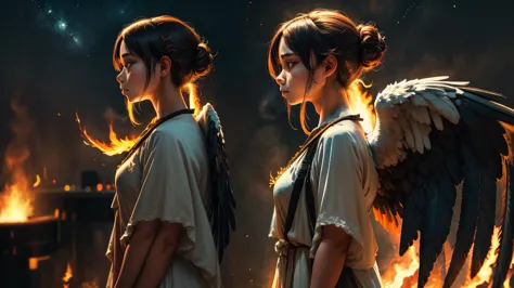 one girl, staring into the distance, nape of the neck, profile, burning eyes, tokyo eater, flaming, large wings, night sky backg...