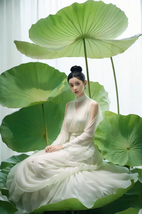 1 girl，solo，giant lotus leaf，black hair，dress，  
looking at the audience，white dress，hair bun，sitting，单hair bun，
leaves，long sle...