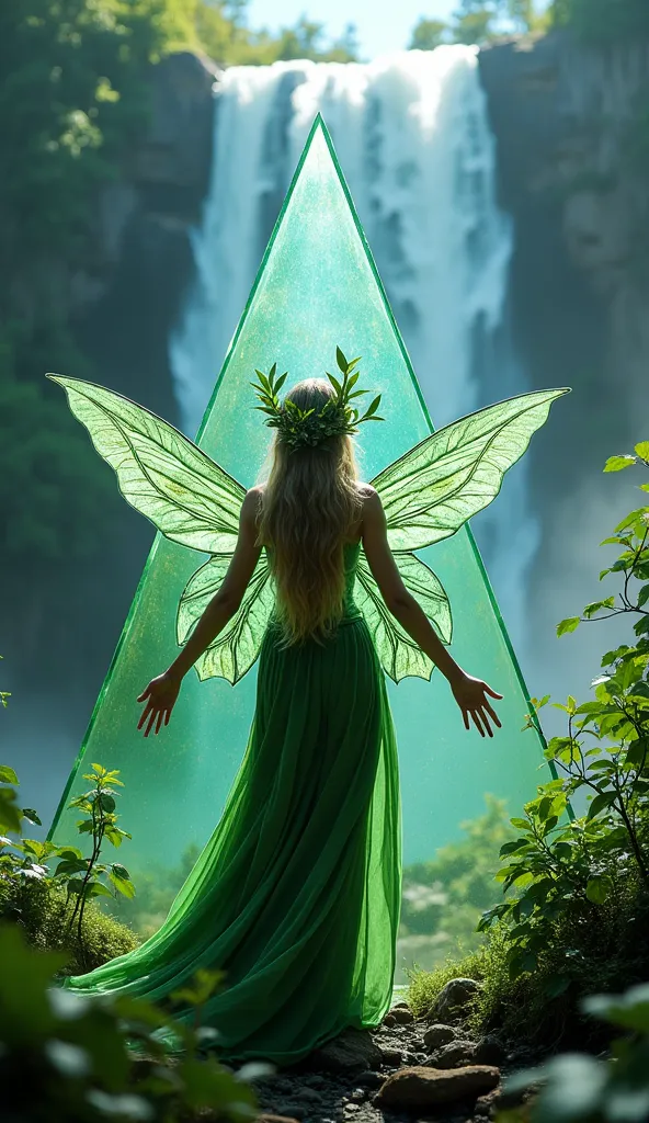 beautiful forest spirit fairy, wearing fresh green leaves and vines,  protected by iridescent transparent triangular barrier, BREAK background surrounded by huge blue waterfall like Niagara Falls