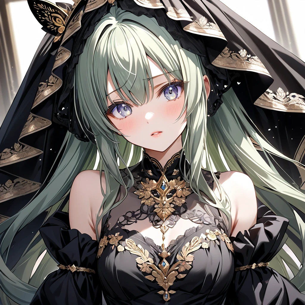 ((Highest quality)), ((masterpiece)), (detailed), （Perfect Face）、The woman is Extia Flora、The woman is wearing a black wedding dress with gorgeous gold embroidery and trim, and a black wedding veil.