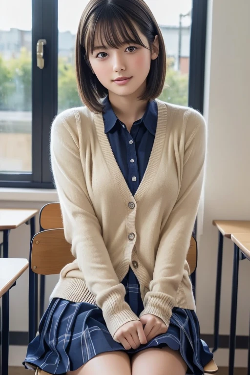 masterpiece, Highest quality, high resolution,High school girl 10.0,Very detailed,Asian Beauty,Open your mouth and laugh,Iris,Natural Beauty,Cinematic,Mid-chest,I am in school.,Showing from knees 10.0,Supple and soft limbs,Narrow eyes and light eye makeup,Smooth under-eye bags,Very detailedなな目と顔,Glossy Lips,Inner thighs,Sparkling eyes,Droopy eyes,(short hair:1.2),(Navy cardigan-style school uniform:1.1),(Navy check skirt:1.1),(sitting on a chair in the classroom:1.1)