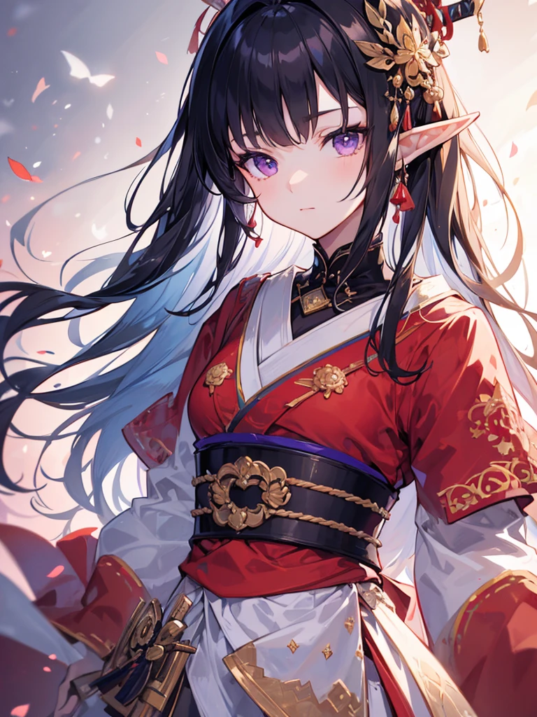 masterpiece, best quality, 1girl, ultra detailed, ultra highres, well-definded facial features, anatomically correct, cute girl, long pointy ears, elf, nice face,black hair, purple eyes, pointing, samurai, classicism,