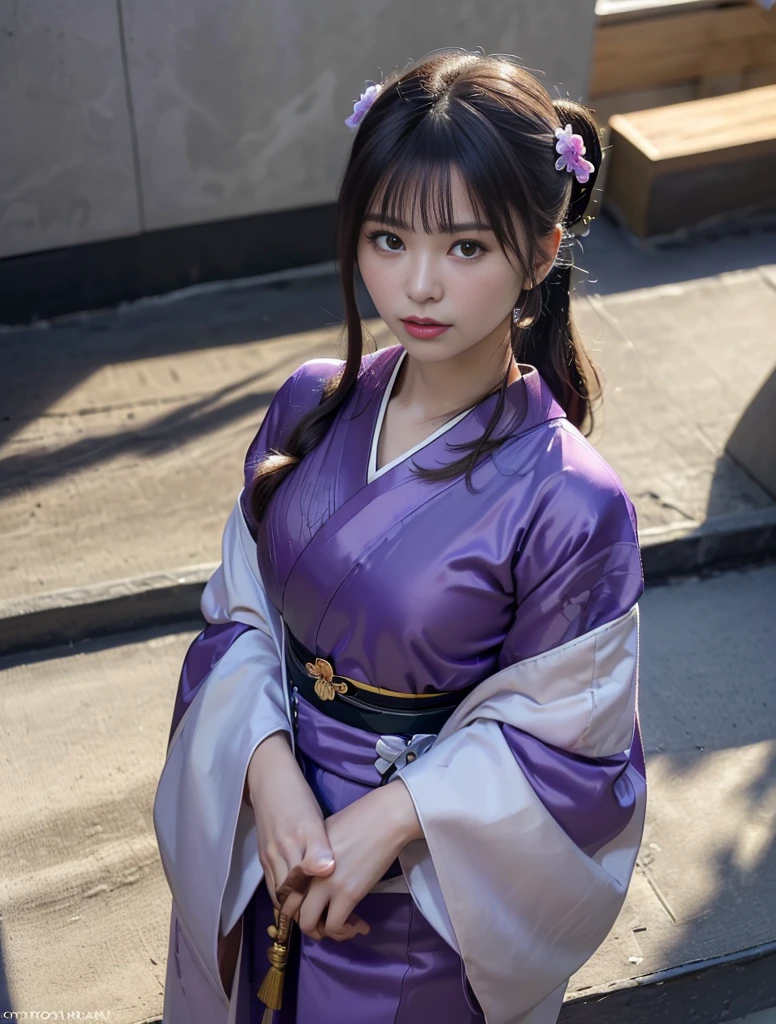 (超highest quality、In 8K、Masseter muscle part、delicate illustrations）、she is a very beautiful japanese housewife.（Around 2）、Odango hairstyle（with hair ornament）、perfect body shape、（Japanese purple luxury kimono 1.1）、Clothes with open front、highest quality, masterpiece, (Original photo, professional photography, photorealistic, realistic:1.3), Highly detailed CG 16K unified wallpaper, (best aesthetics, Natural light:1.1), ultra high resolution, (correct anatomy:1.5), ((Highly detailed skin texture:1.1)), ((View from the front:1.3)), throw, 1 girl, japanese woman, alone, looking at the viewer, cowboy shot, (purple kimono:1.4), (young woman:1.3), (24-years-old:1.1), (look younger than one&#39;s actual age:1.3), brown hair, (single hair bun hair:1.5), pretty fine skin, black eyes, ((thin目:1.4)), Finely drawn nose, beautiful lips, (embarrassing:1.3), ((White Scrub, short sleeve:1.5)), ((a bit, thin:1.4)), ((beautiful breasts:1.2)), (((turn your arms behind your back, restrained, shibari, rope bondage:1.5))), (((sitting on the floor:1.4))), (((indoor, midnight, dark room, empty operating room:1.2)))
