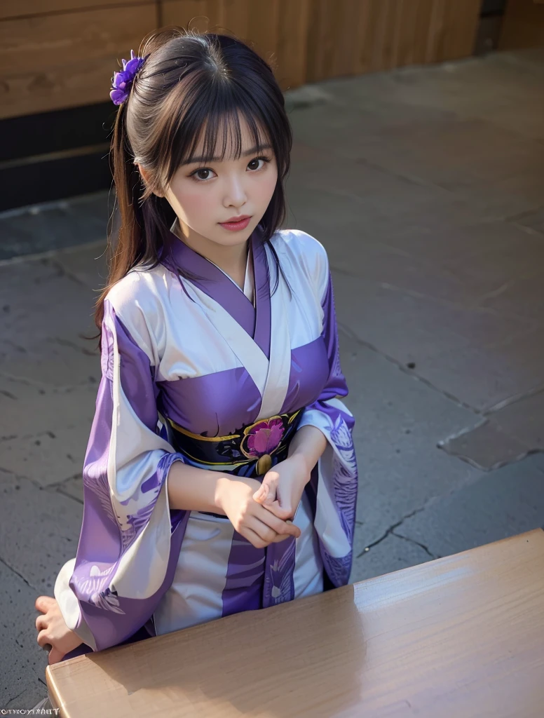 (超highest quality、In 8K、Masseter muscle part、delicate illustrations）、she is a very beautiful japanese housewife.（Around 2）、Odango hairstyle（with hair ornament）、perfect body shape、（Japanese purple luxury kimono 1.1）、Clothes with open front、highest quality, masterpiece, (Original photo, professional photography, photorealistic, realistic:1.3), Highly detailed CG 16K unified wallpaper, (best aesthetics, Natural light:1.1), ultra high resolution, (correct anatomy:1.5), ((Highly detailed skin texture:1.1)), ((View from the front:1.3)), throw, 1 girl, japanese woman, alone, looking at the viewer, cowboy shot, (purple kimono:1.4), (young woman:1.3), (24-years-old:1.1), (look younger than one&#39;s actual age:1.3), brown hair, (single hair bun hair:1.5), pretty fine skin, black eyes, ((thin目:1.4)), Finely drawn nose, beautiful lips, (embarrassing:1.3), ((White Scrub, short sleeve:1.5)), ((a bit, thin:1.4)), ((beautiful breasts:1.2)), (((turn your arms behind your back, restrained, shibari, rope bondage:1.5))), (((sitting on the floor:1.4))), (((indoor, midnight, dark room, empty operating room:1.2)))
