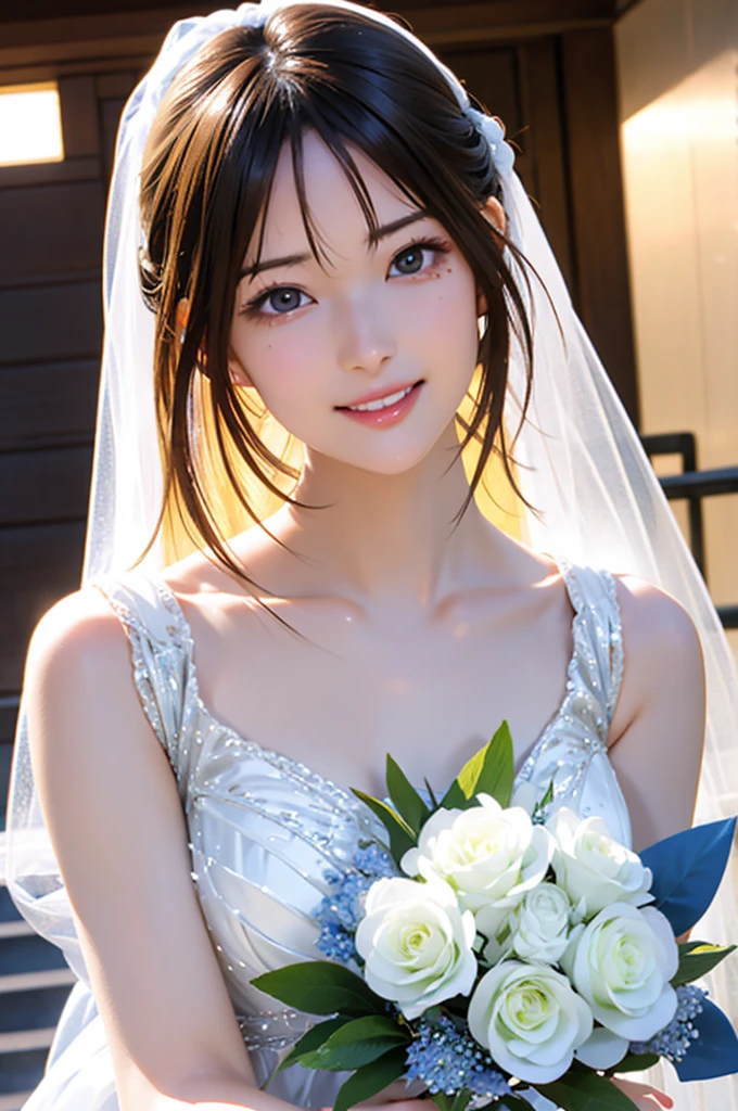 High resolution, 8k, Highest quality, detailed, Semi-realistic anime, Anime 3D Style, Smooth anime CG, One Girl, 20 year old Japanese woman, slim, Modeled, Shiny brown hair, detailedな顔, Beautiful and detailed, Glowing Skin, Hard Focus、Film Grain, Soft lighting, Looking at the audience, Laughter, white、Ocean、smile、(Woman in prom dress、Long Hair、Clear Face、bouquet、bride)