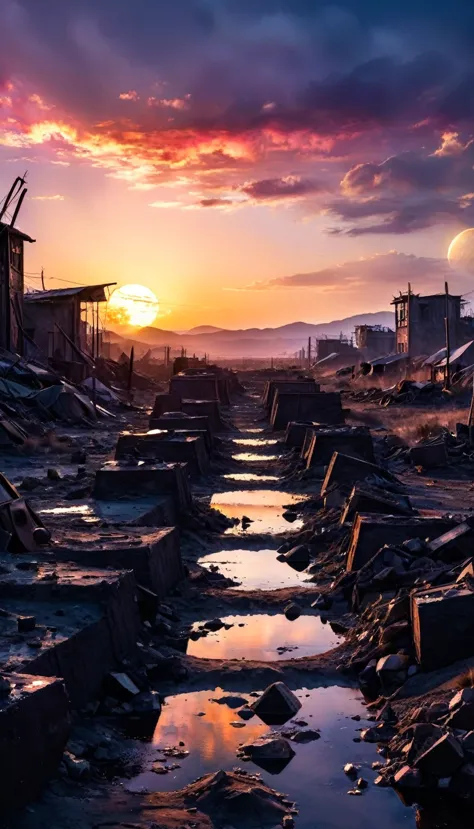 new dawn end of the world post apocalyptic sunset watercolor, high quality photos, 3-point lighting, flash with softbox, 4k, can...