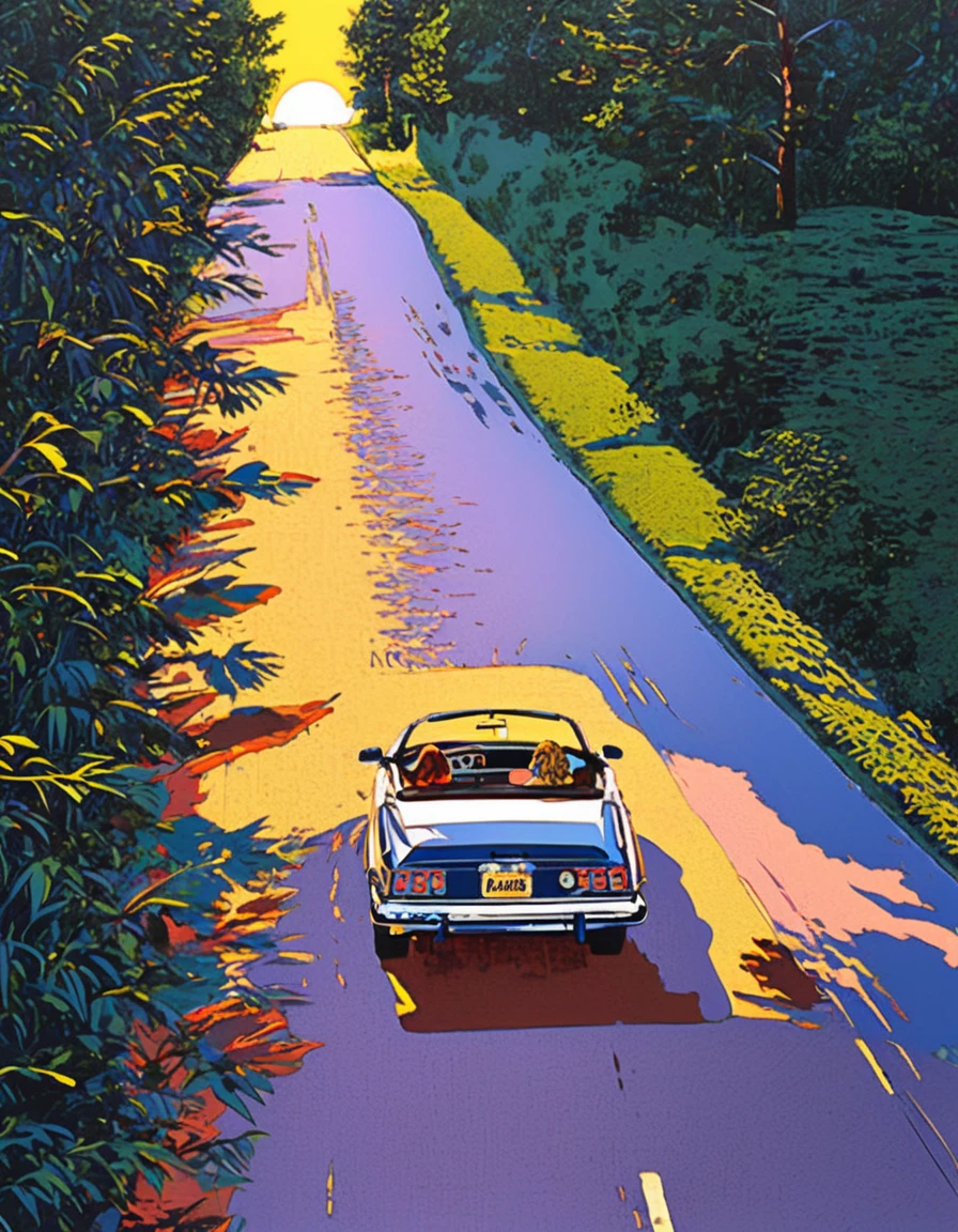 pop art style painting, The sun goes down, Rear view of a carefree woman cruising in a convertible on a wide wilderness road, Drone camera shot from above at sunset, Illustration style of EIZIN SUZUKI, Hiroshi Nagai,